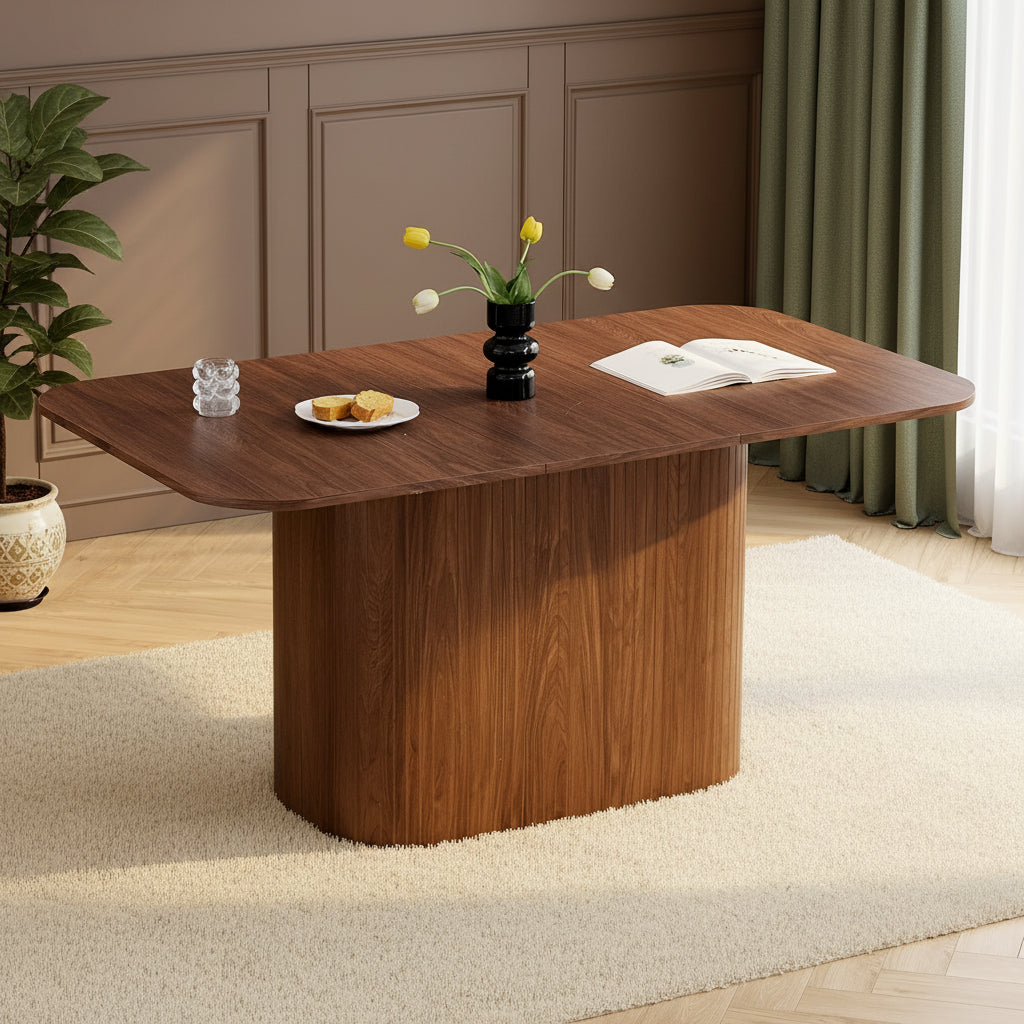 Table à manger nordique Maison ND, piètement ondulé, finition bois foncé
