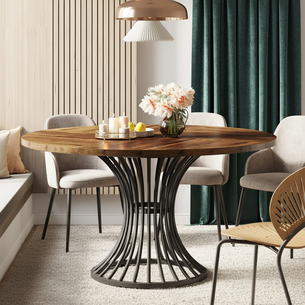 Bramble, table à manger ronde industrielle Maison ND, plateau MDF et base métal, Ø 120 cm